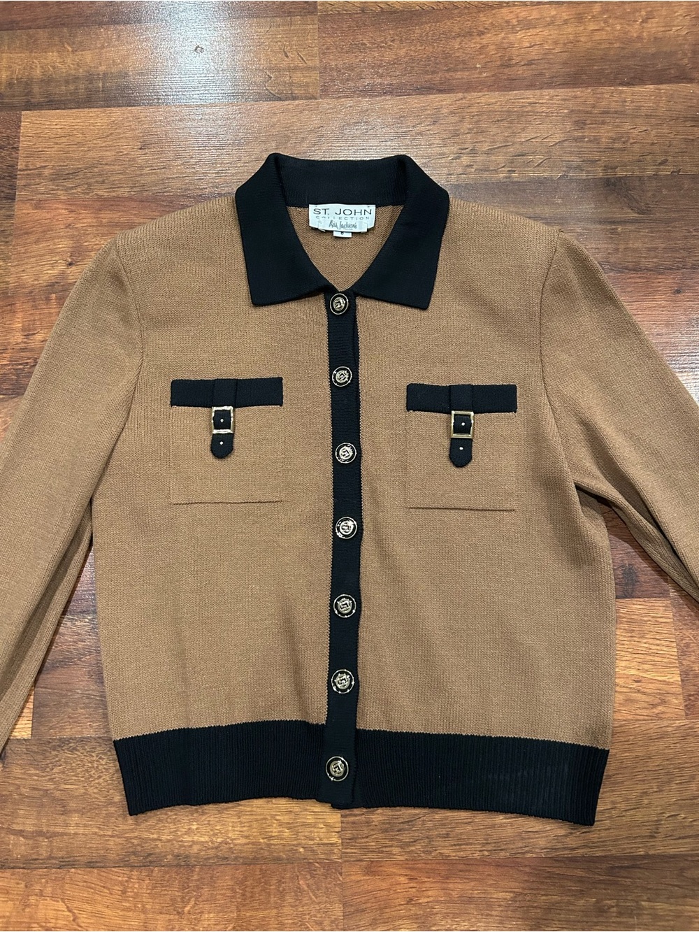 ST. JOHN Women's Size 8 Brown Black Button Front Knit Cardigan Designer Vintage